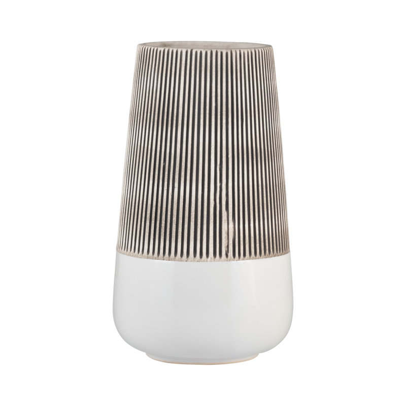 Stoneware Ceramic Vase with Textured Ribbed Design, 10" H x 5" W x 5" D