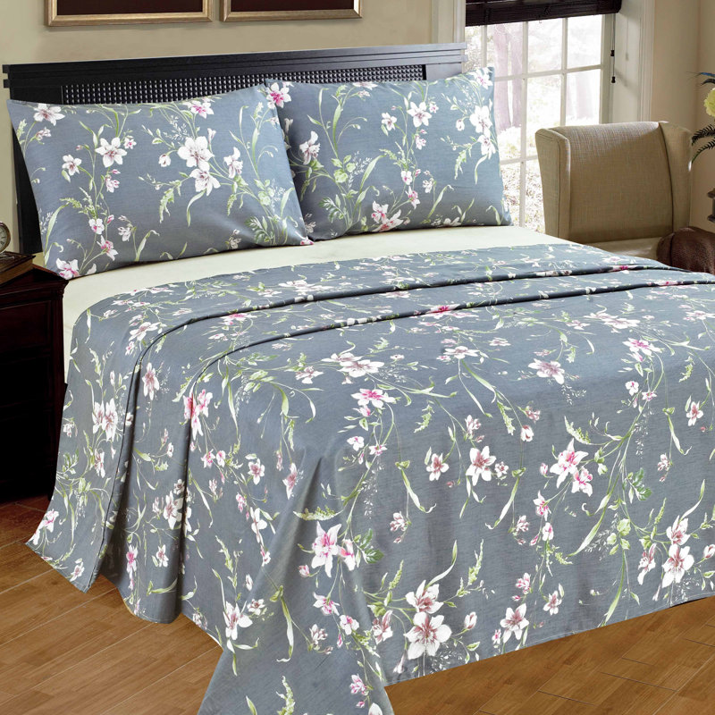 Cherry Blossom 100% Cotton Jersey Knit Floral Flat Sheet, Twin Flat Sheet with 2 Pillowcases