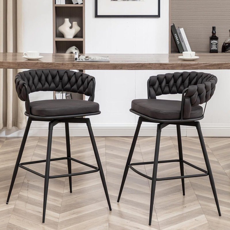Counter Height Bar Stools Set of 2, 26 inch Modern Bar Chairs with Woven Back, 360° Swivel Bar Stools for Kitchen Island, Cafe, Pub