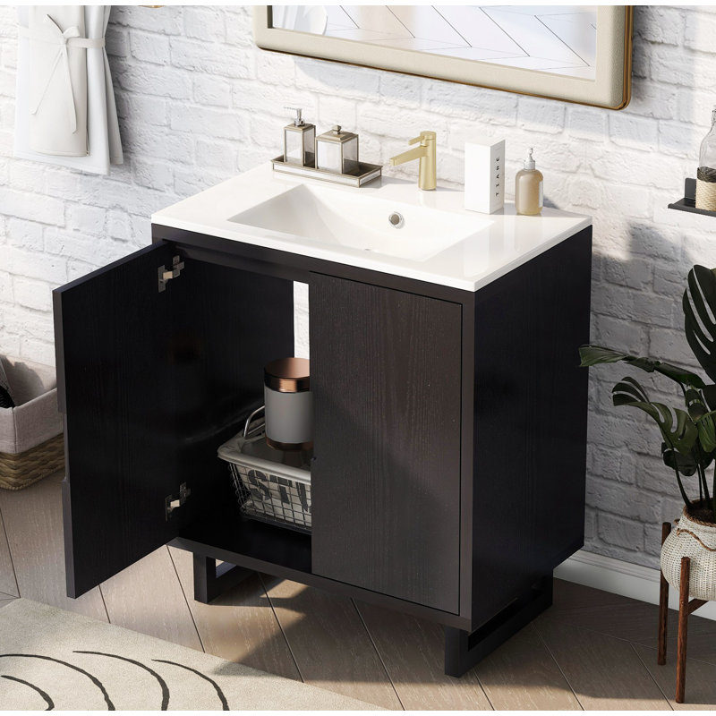 Solid Wood Frame Bathroom Vanity Set with Sink And Storage Cabinet, Black