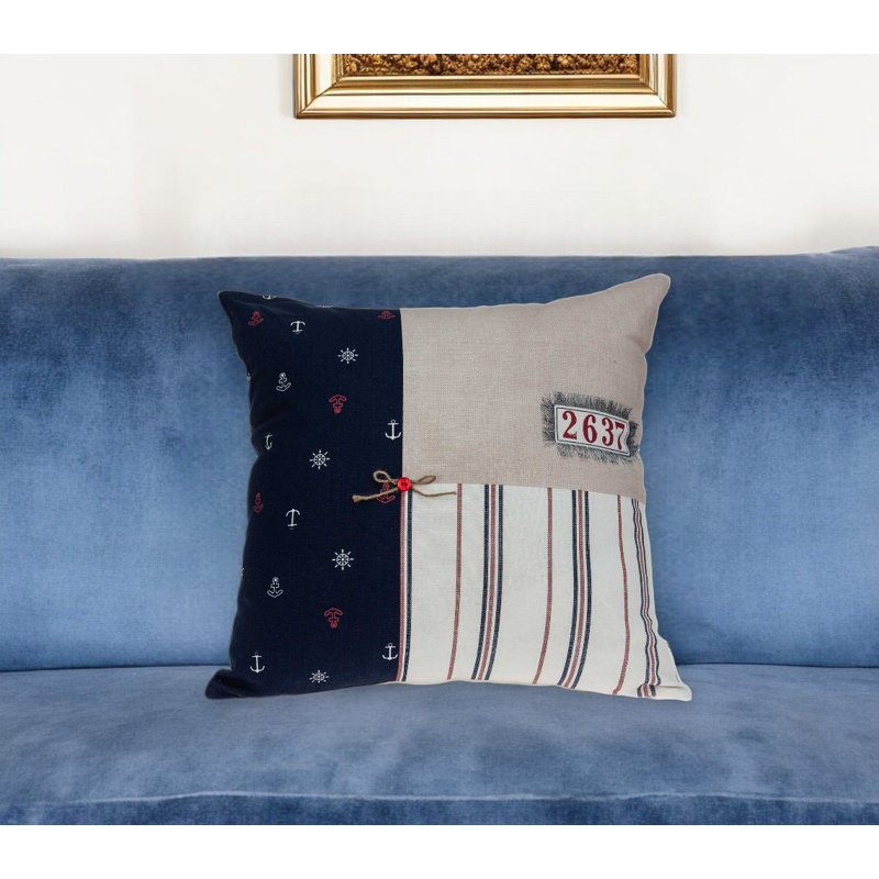 20" Black Beige and White Anchor Patchwork Cotton Throw Pillow, Poly