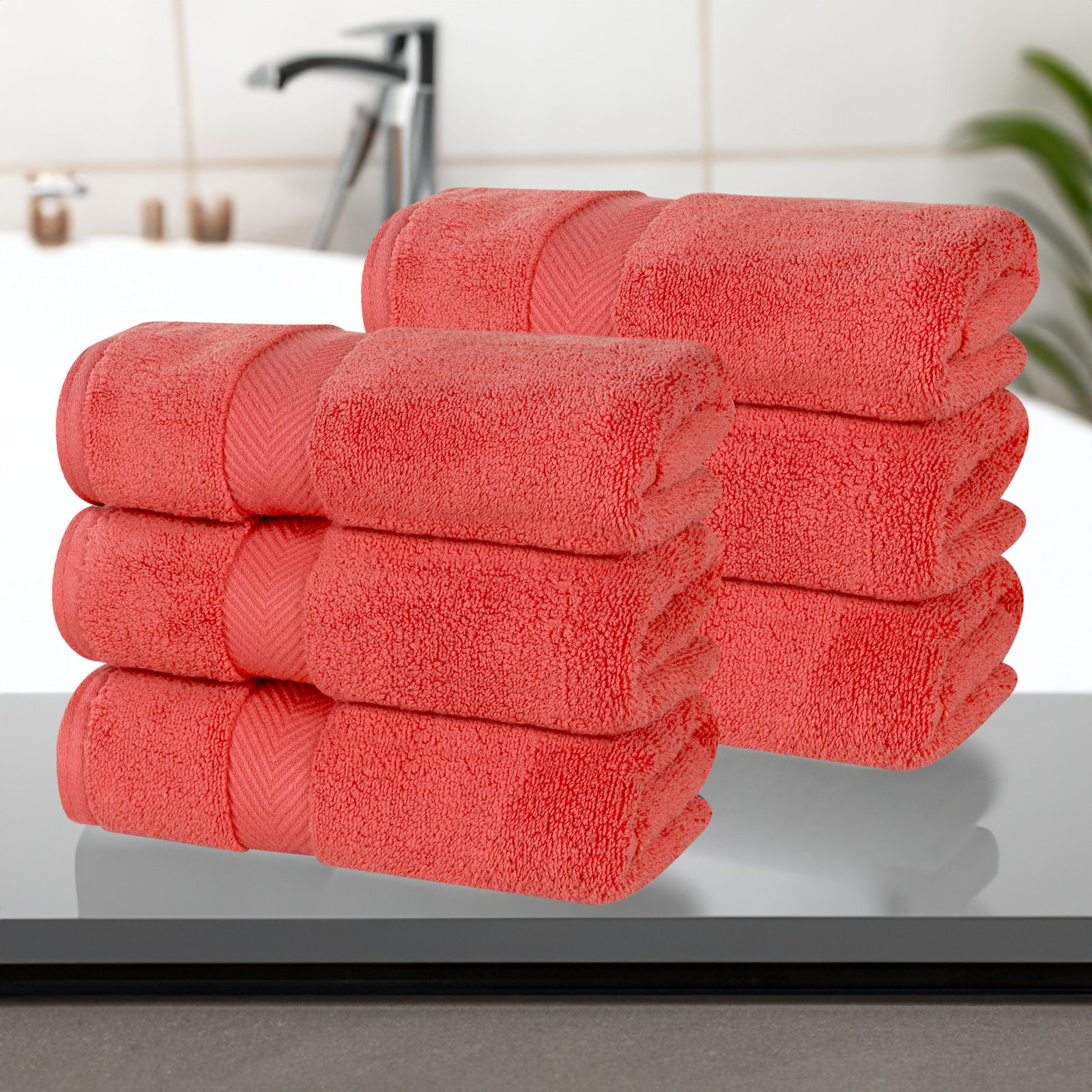Cortright Zero Twist Cotton Solid Chevron Dobby Border Super Soft Absorbent Hand Towel, Coral