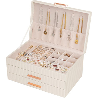 Jewelry Box Organizer, 3-Tier Jewelry Storage Organizer With 2 Drawers, Large Jewelry Box For Girls Women, PU Leather Surface With Texture, Gift Idea, Modern Style