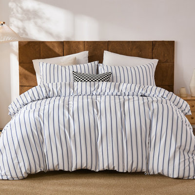Ensemble de housse de couette 100% coton, très grand, ensemble de literie à rayures bleues et blanches, housse de couette en coton naturel respirant doux avec taies d'oreiller, ensemble de literie de style bord de mer moderne pour toutes les saisons