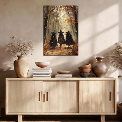 Witches in Autumn Forest Canvas Wall Art Vintage Halloween Fallen Leaves Woodland Painting