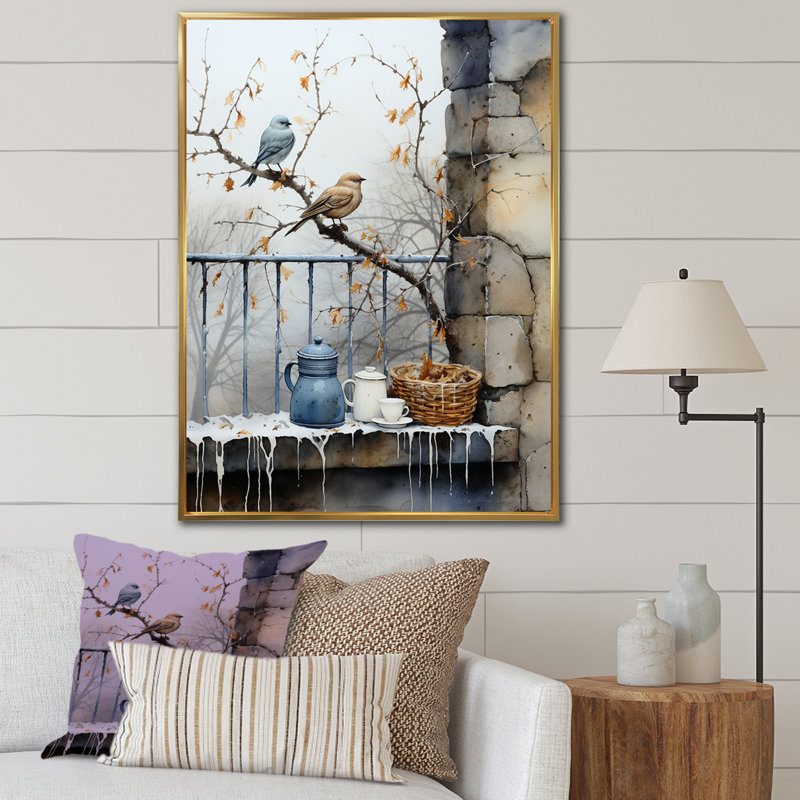 «Snowy Birds Window Views - Bird», art mural, Cadre flottant doré, H 40 po x l 30 po x P 1,5 po