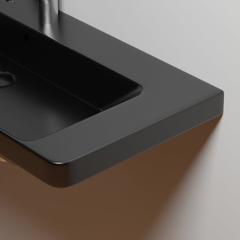 Lavabo de salle de bain rectangulaire en céramique blanc avec trop-plein Luxury, Un seul trou pour robinet, Noir mat