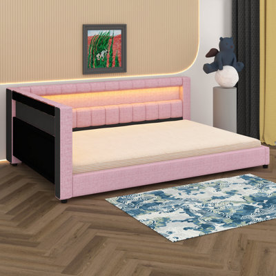 Lit plateforme en L en forme de L avec ports USB et ceinture à DEL et espace de rangement, structure de lit plateforme capitonnée en lin