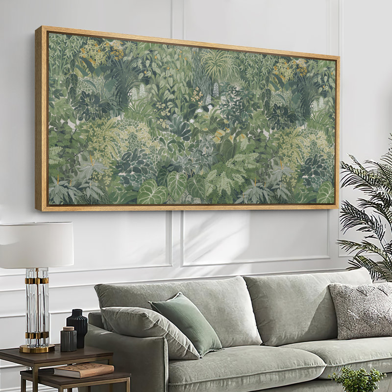 Dense Tropical Foliage Large Framed Canvas Print Wall Art, Jungle Boho Decor, 30" H x 60" W, Natural
