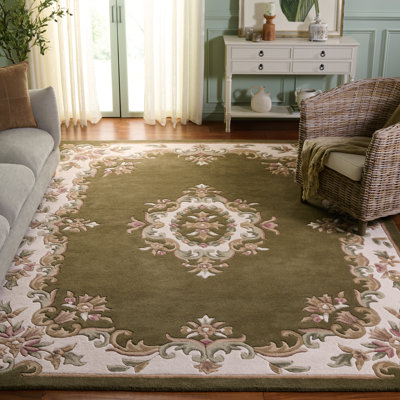 Tapis oriental olive / ivoire en laine / coton touffeté à la main Aubusson 301