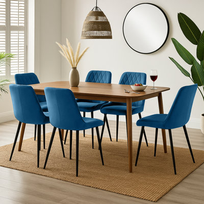 Drea Solid Wood Walnut Effect Dining Table With 6 Simsbury Luxury Velvet Upholstered Dining Chairs