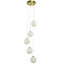 Suspension moderne à 5 lumières avec globes en verre imitation albâtre et finition laiton.