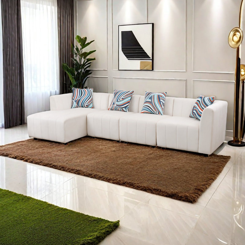 KOKO - Canapé modulaire en microfibre blanc pour salon minimaliste, Accoudoir à gauche (vu de face)