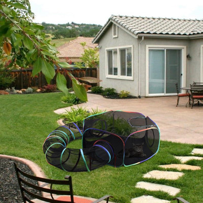 Rainbow Mesh Cat Playpen & Tunnel Set - Portable Indoor Outdoor Enclosure for Cats, Kittens & Small Animals with Carry Bag
