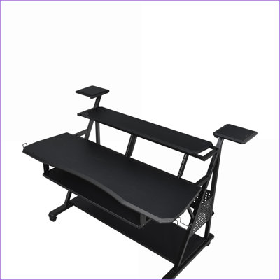 Bureau de musique avec plateau à clavier, tablettes pour haut-parleurs et amp; Roues | Finition noire | Noir | Bois synthétique
