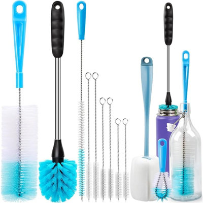 Ensemble de laboratoire de nettoyage de tube de brosse de bouteille avec une longue poignée, un nettoyeur de tasse pour laver les tuyaux de carafe à vin à col étroit et les couvercles de couvercles, Azul