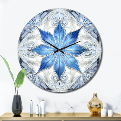 Turquoise And White Fractal Flowers I Metal Wall Clock