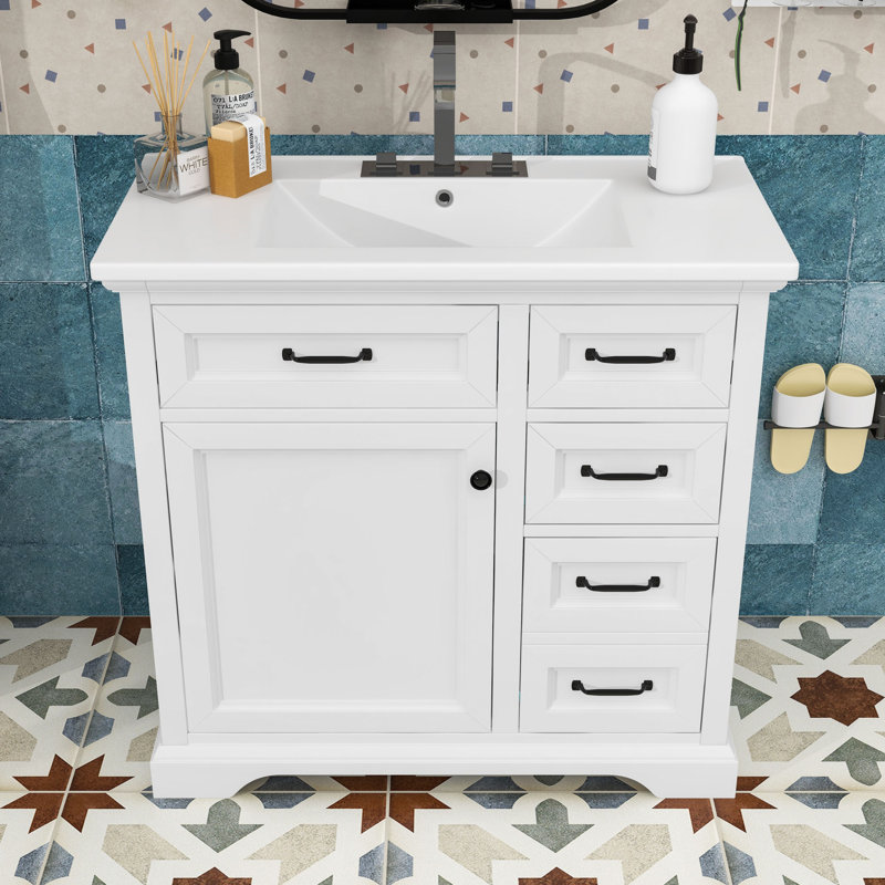 Meuble-lavabo de salle de bain avec lavabo en céramique, tablettes réglables, tiroirs de rangement et armoire, Blanc