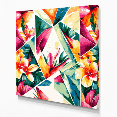 Hawaiian Geometric Flowers Beige Canvas Wall Art