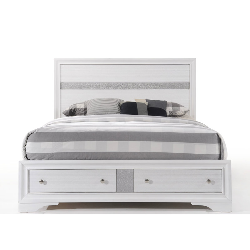 Grand lit de rangement blanc - Structure en bois sans sommier requis 3 lattes + 5 panneaux 2 tiroirs avec glissière centrale en métal à profil bas 8-10 po