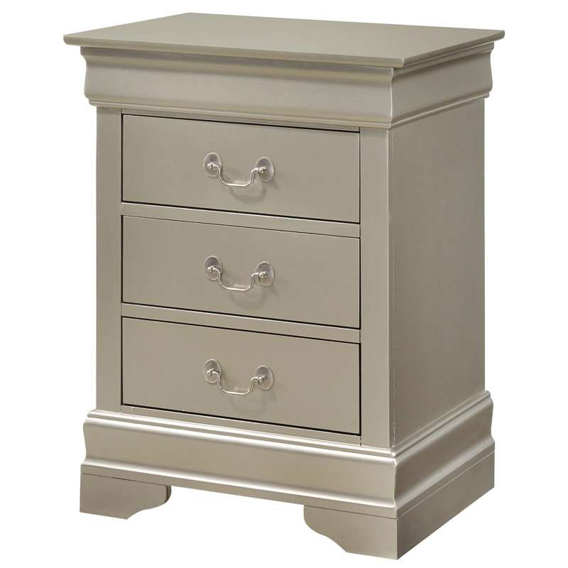 Louis Phillipe Nightstand with 3 Drawer Wood Nightstand Silver Champagne Finish, Light Gray