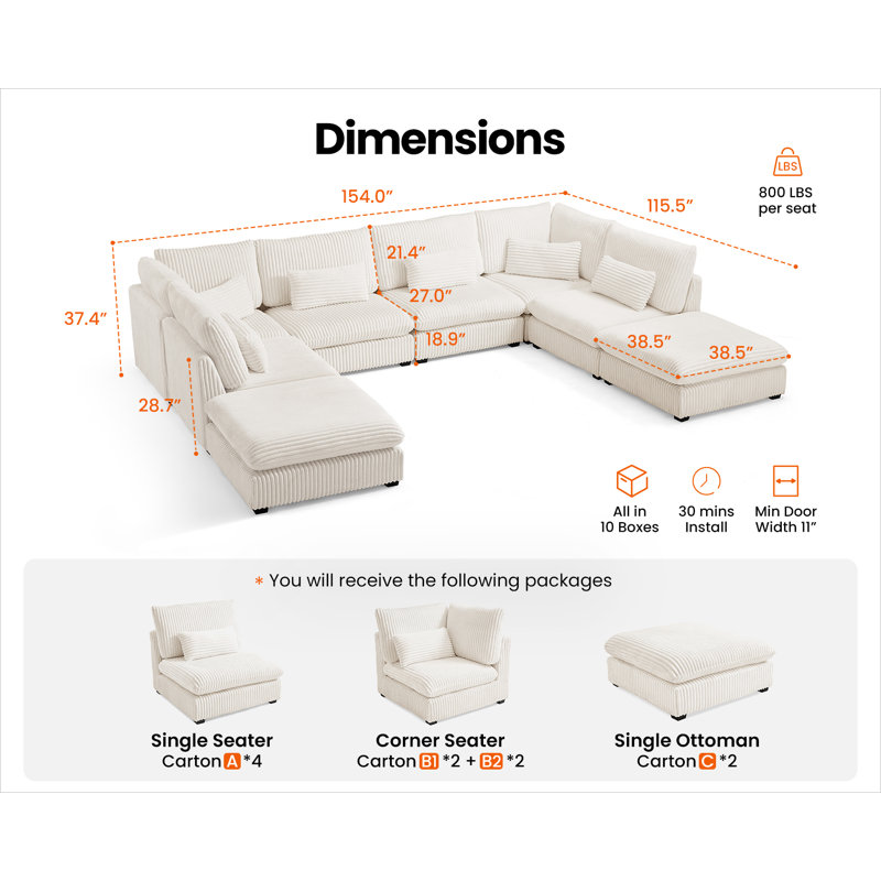  Canapé modulaire surdimensionné en velours côtelé 8 places, Velours côtelé crème