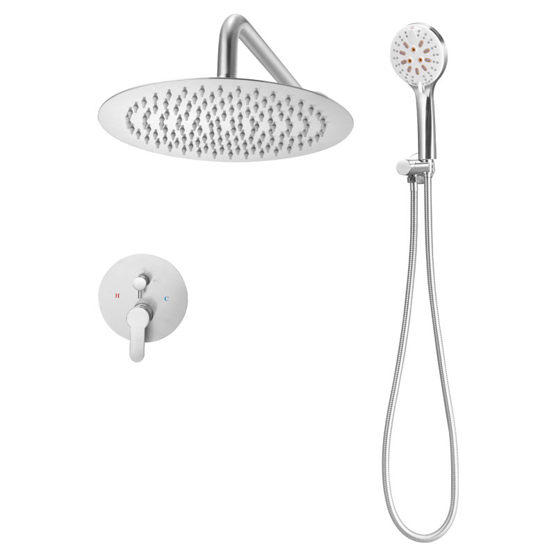 Ensemble de robinetterie de douche, système de douche effet pluie avec pommeau de douche rond de 25 cm et douchette à main, accessoires de salle de bain muraux avec robinetterie et garniture en laiton, nickel brossé