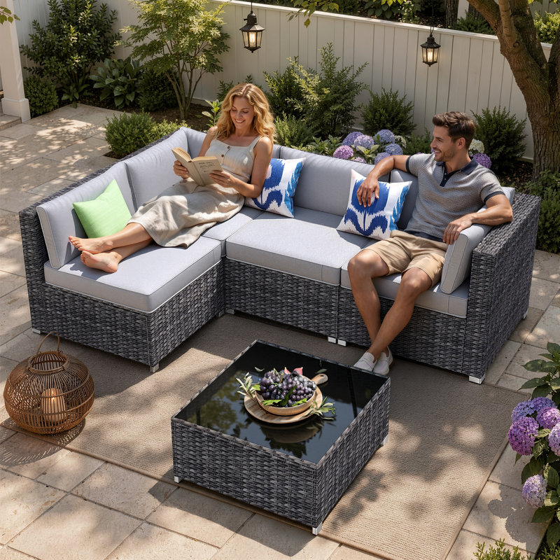 Ensemble de conversation modulaire avec coussins 5 pièces Gerolama, gris