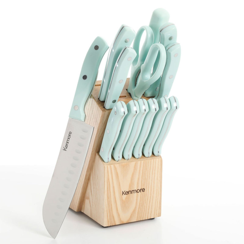 Kenmore Kane 14-Piece Glacier Blue Stainless Steel Cutlery Set with Rubber Wood Block