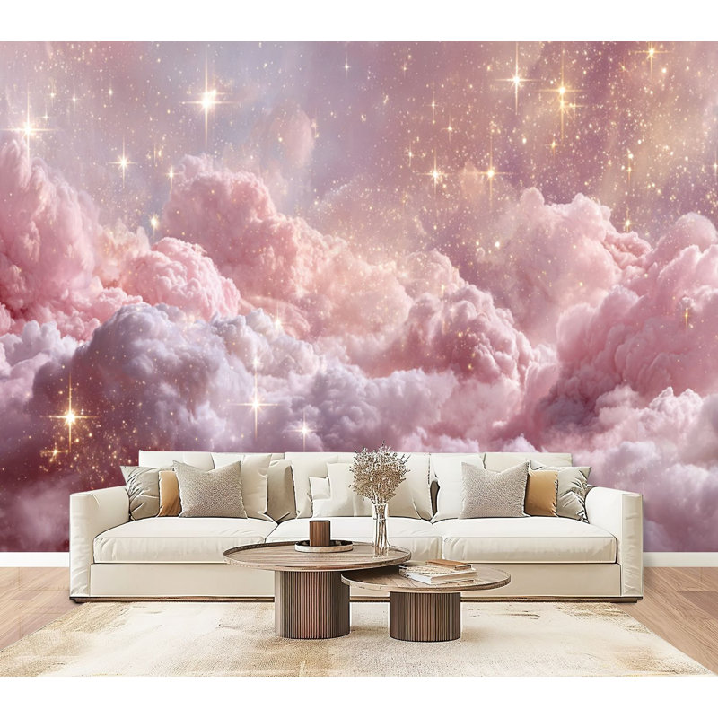 Papier peint autocollant Boho Clouds Dreamy Pink Lavender Landscape Golden Stars, L 96 po x l 69 po
