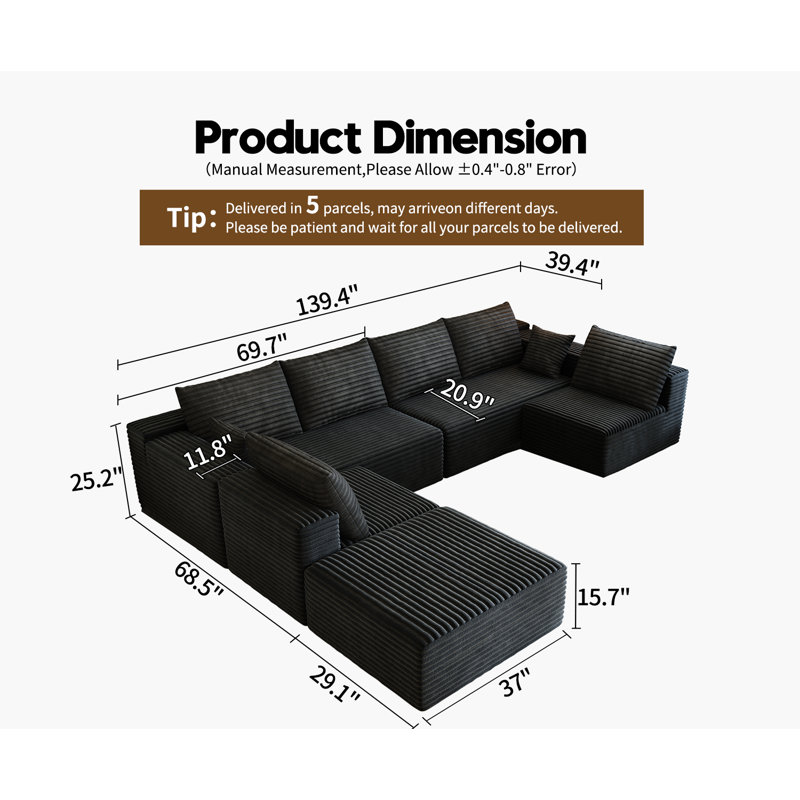 139.4" Modular Sectional Sofa, Oversized U-Shaped Minimalist Couches with 2 Middle Seats and 1 Ottoman Chaise, Modern Deep Seat Convertible Sleeper Sofa, Cloud Plush Corduroy Fabric,7 Seater