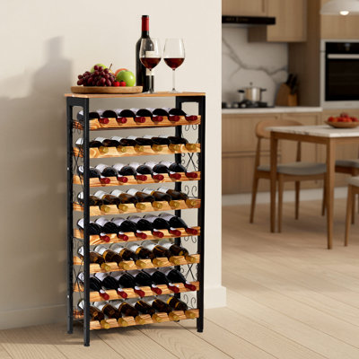 Casier à vin de 48 bouteilles, porte-bouteilles à 8 niveaux, tablette de rangement sur pied avec plateau en bois, idéal pour cave, bar, salle à manger, salon, noir, conçu pour la cuisine ou le garde-manger.