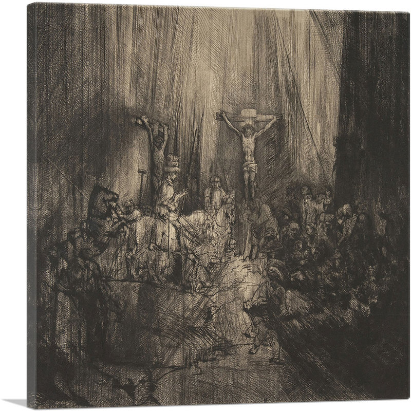 "Christ crucifié entre les deux voleurs et les trois croix" par Rembrandt van Rijn, reproduction d'art sur toile tendue