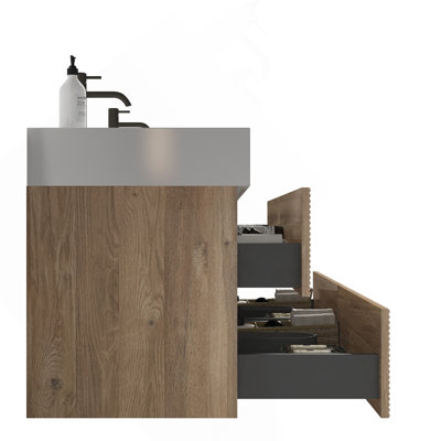Meuble-lavabo de 60 po avec lavabo en quartz d'ingénierie et tiroirs noirs doux, meuble-lavabo mural flottant pour salle de bain moderne, lavabo blanc une pièce