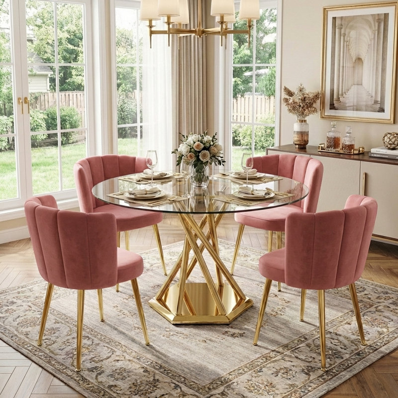 Ensemble de table de salle à manger ronde en verre 47,2 po pour 4 personnes, table de salle à manger ronde moderne avec 4 chaises rembourrées en velours, table en verre trempé avec base en acier inoxydable brillant, salle à manger, cuisine et peu d'espace