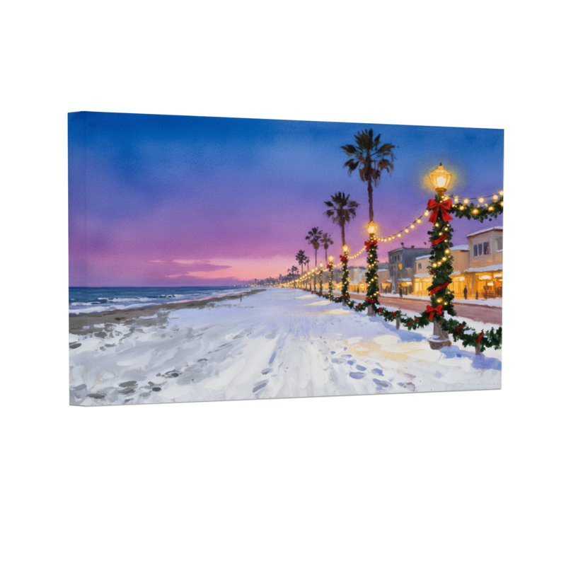 Voie de Noël enneigée, lumières de Noël, palmiers, coucher de soleil, sentier décoré, H 12 po x l 18 po