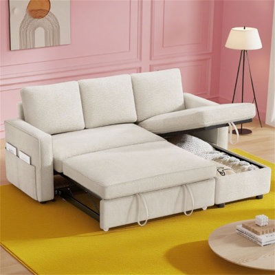 81" Sleeper Sofa Bed, 2 In 1 Pull Out Couch With Reversible Storage Chaise, Sectional L-Shaped Couch Sofa Sleeper With Side Pockets, Tool-Free Assembly