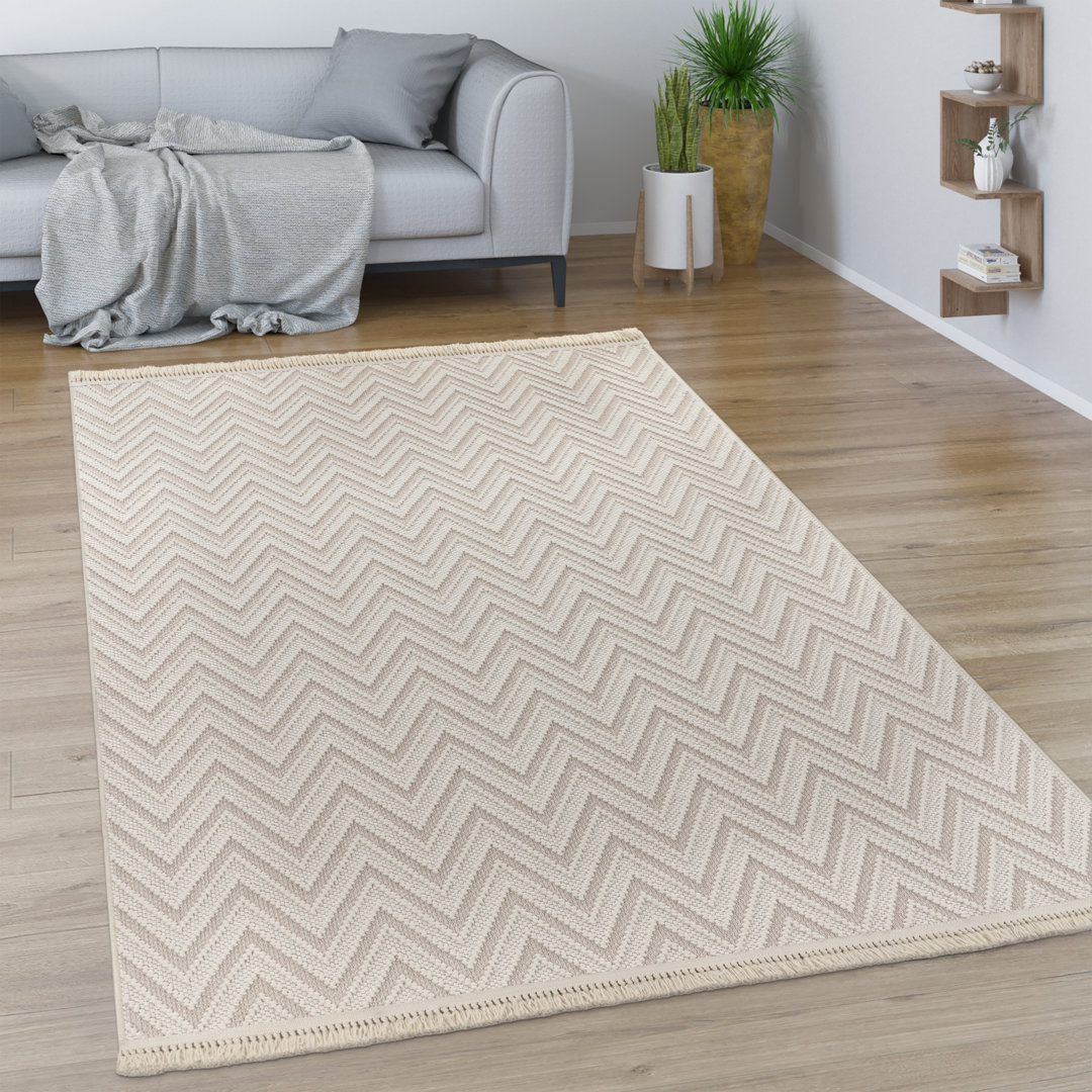 Teppich Wohnzimmer Kurzflor Ethno Look Geometrisches Muster Fransen Creme