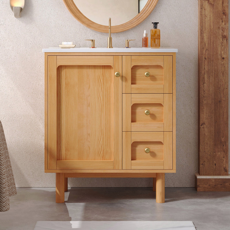 Meuble-lavabo de 30 po avec lavabo en céramique, meuble-lavabo à 3 tiroirs, 1 grande porte à fermeture douce et armoire de rangement Farmhouse