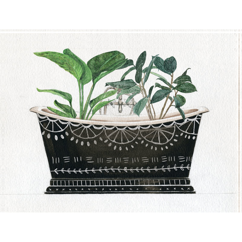 Black Bathtub Full of Plants I - Painting Print, 51 cm H x 76 cm W , Black Floater Framed