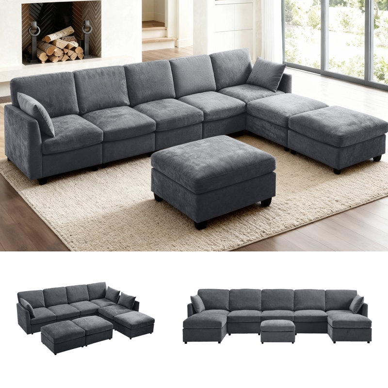 Sarang 128.61" Modern 8 Seats Upholstered Cloud Sectional Sofa With Ottomans, Gray Chenille