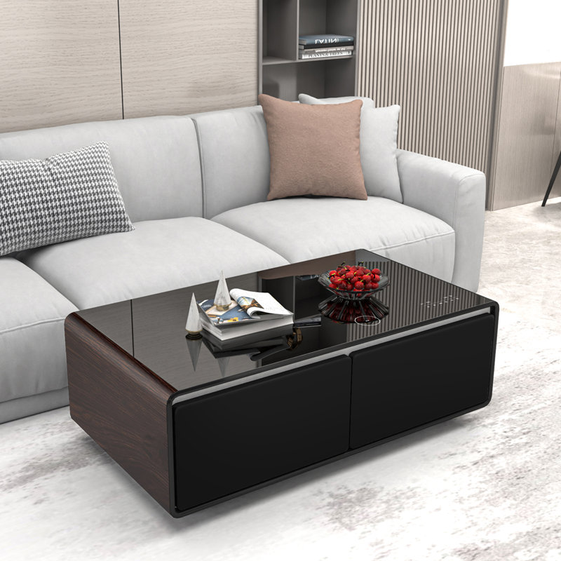 Brown High Gloss Smart Coffee Table with Built-in Fridge and Bluetooth Speakers