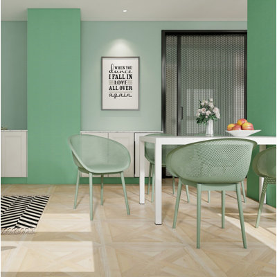 4-Pack Pale Green Modern Lounge Chairs – Indoor/Outdoor All-Weather PP Plastic with 55 Inch White Modern Long Table - Indoor/Outdoor- Lightweight PP Tabletop with Metal