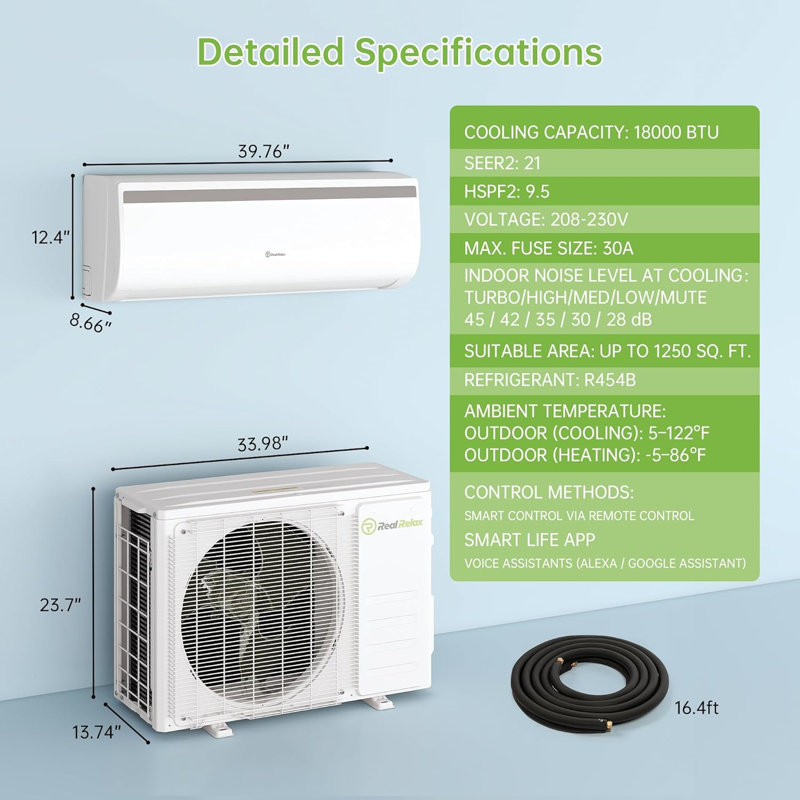 Mini pompe à chaleur divisée sans conduit 18000BTU 21 Seer2 208-230V Wifi Alexa R454b avec ensemble d'installation, 1200 pieds carrés
