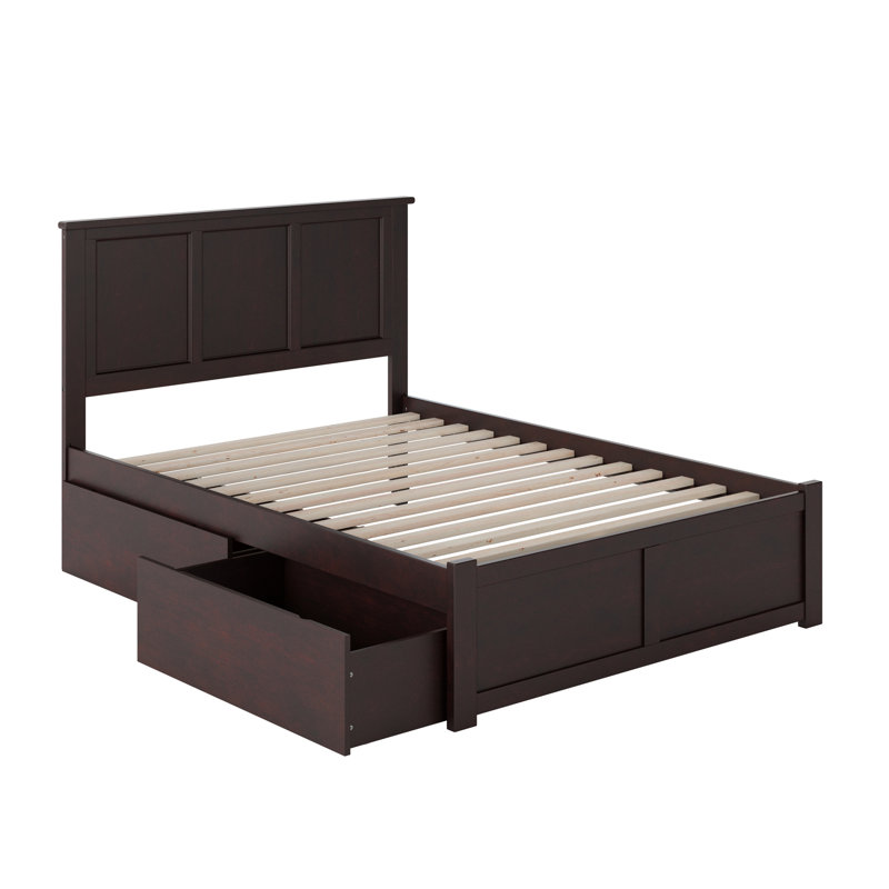 Lit plateforme en bois massif avec pied de lit et tiroirs de rangement Fogarty, Double, Espresso