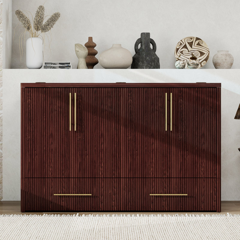 Grande armoire-lit escamotable en bois massif, capacité de 1000 lb, station de charge et tiroirs de rangement, conception cannelée moderne pour les petits espaces