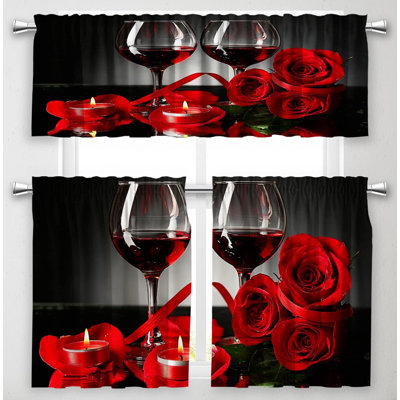 Ensemble de rideaux et cantonnières de cuisine à motif rose vin rouge (3 pièces). Rideaux de cuisine à motif floral rose rouge pour salon ou café.