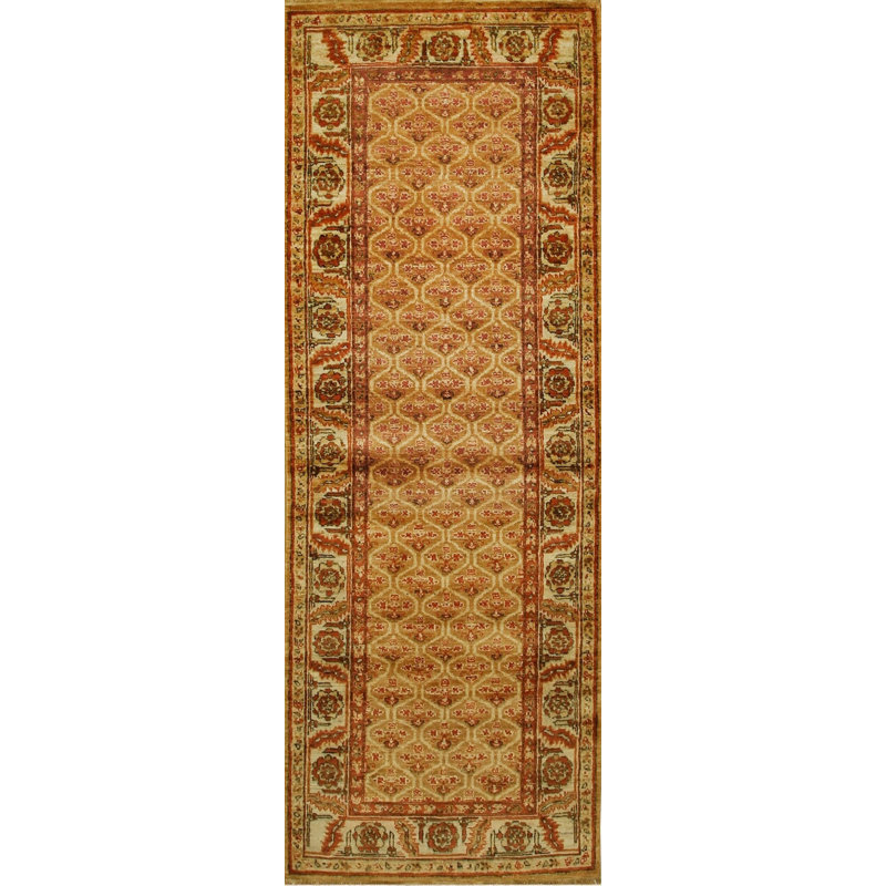 Brown Hand-Knotted Wool Honeycomb Floral Lattice Geometric Modern Contemporary Carpet Rug, 3' x 8'