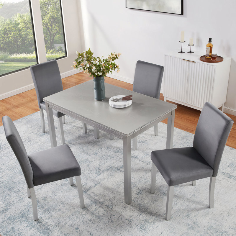 Ensemble de table de salle à manger en bois 5 pièces, ensemble de table de cuisine avec table rectangulaire et 4 chaises rembourrées, ensemble de table de salle à manger en bois avec décoration en cristal