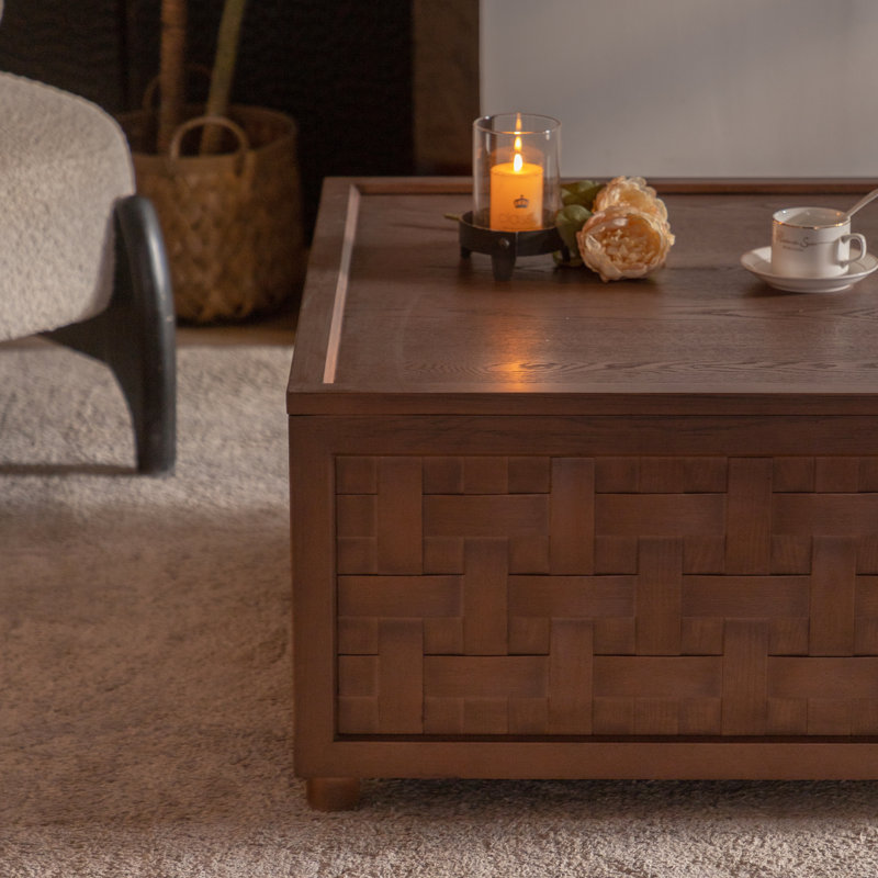 Table basse en bois massif brun avec rangement pour le salon, taille 32,39 po, surface en grain, bois Essential Essential, chiffon humide à nettoyage rapide